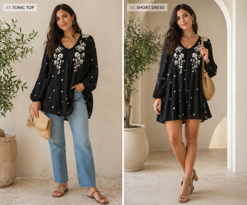 Black Mini Dress Tunic top Floral Embroidered pocket lined boho Peasant Sz-30